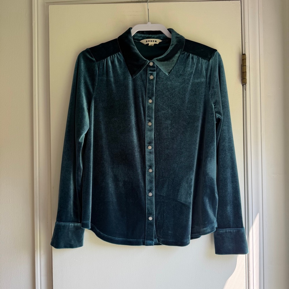 Boden Womens Velvet Button Down Shirt Dark Teal Green Rhinestone Buttons Size 8